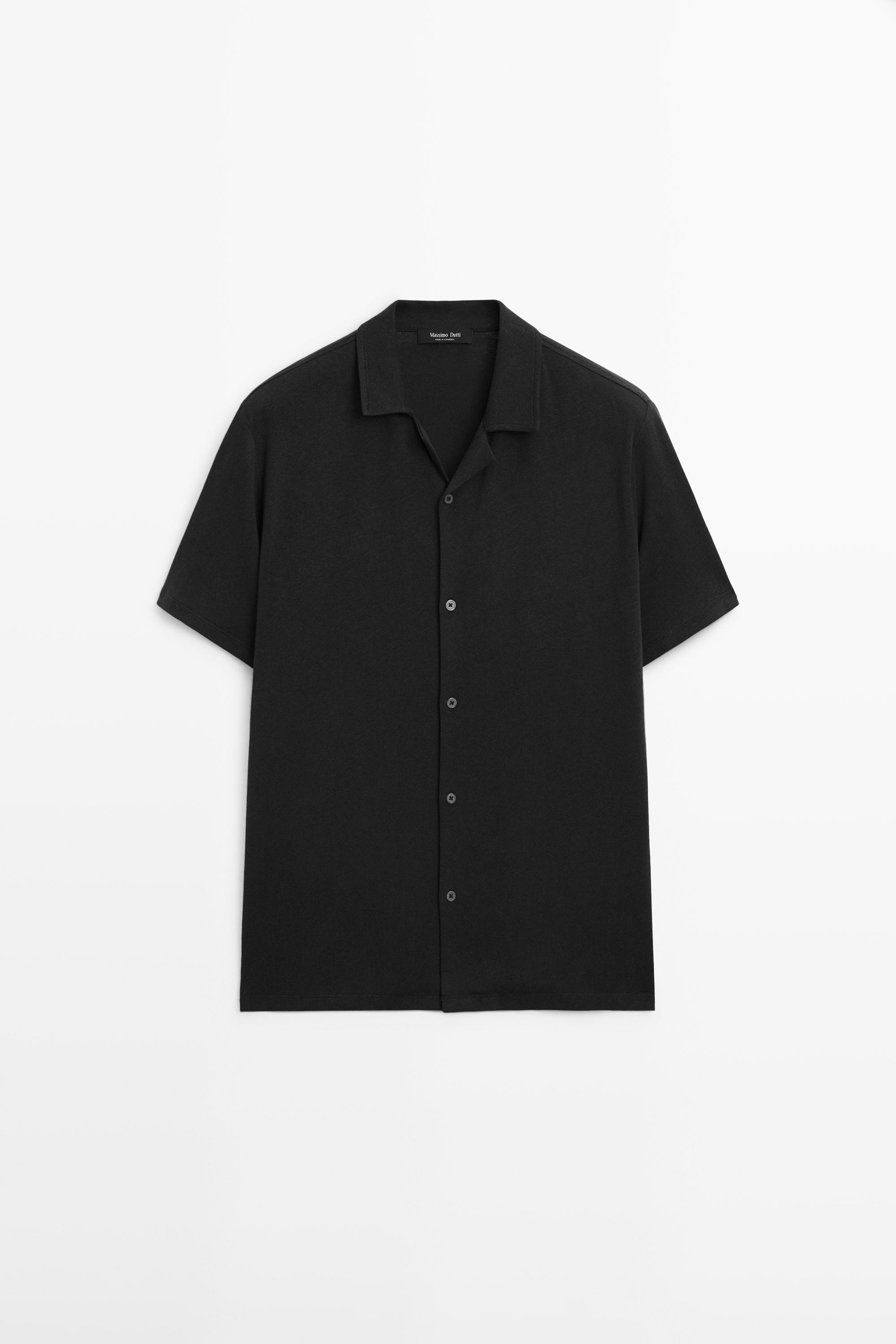 Regular fit short sleeve linen-cotton blend shirt