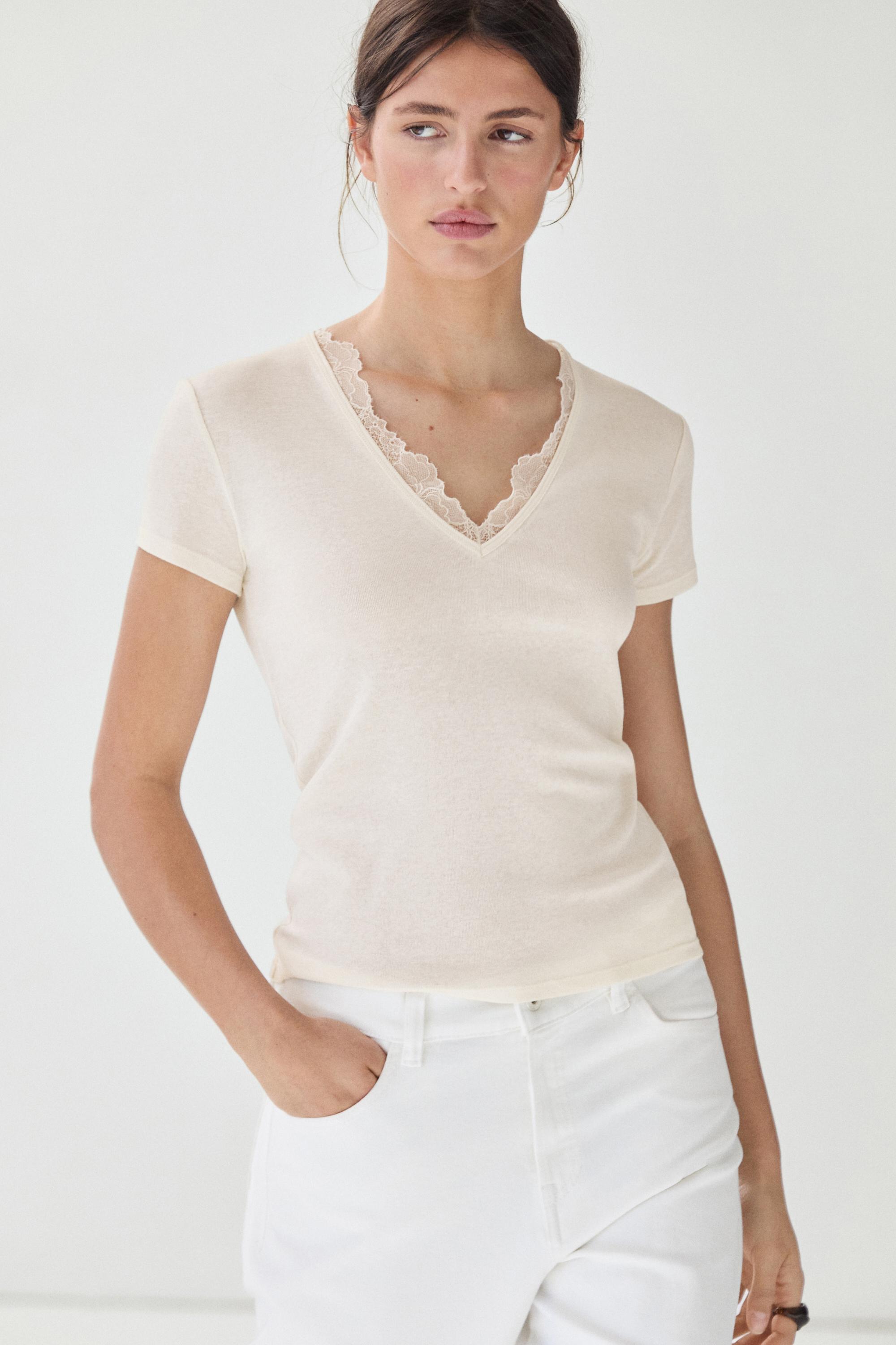 Lace-detail V-neck T-shirt