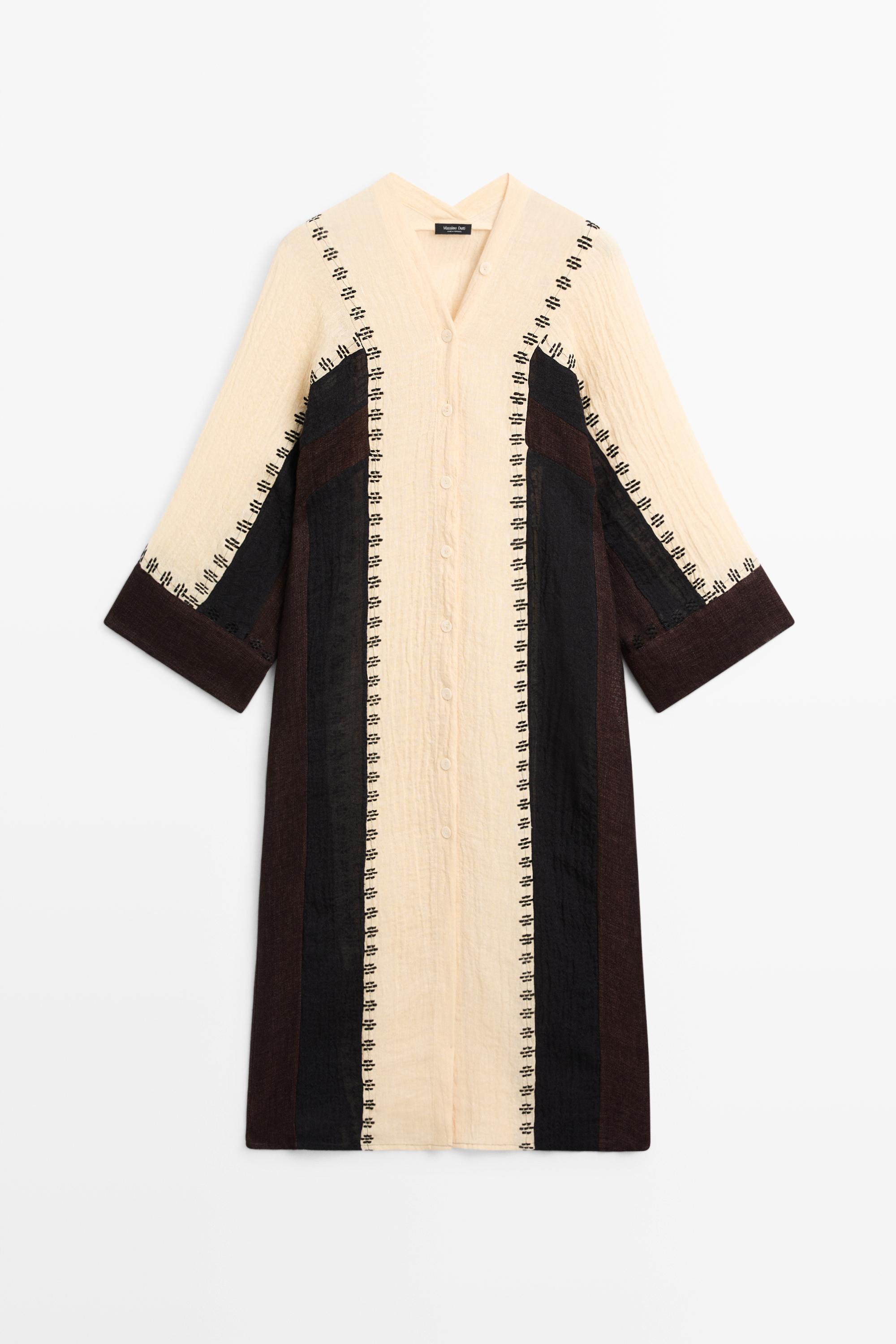 Linen blend embroidered kaftan dress
