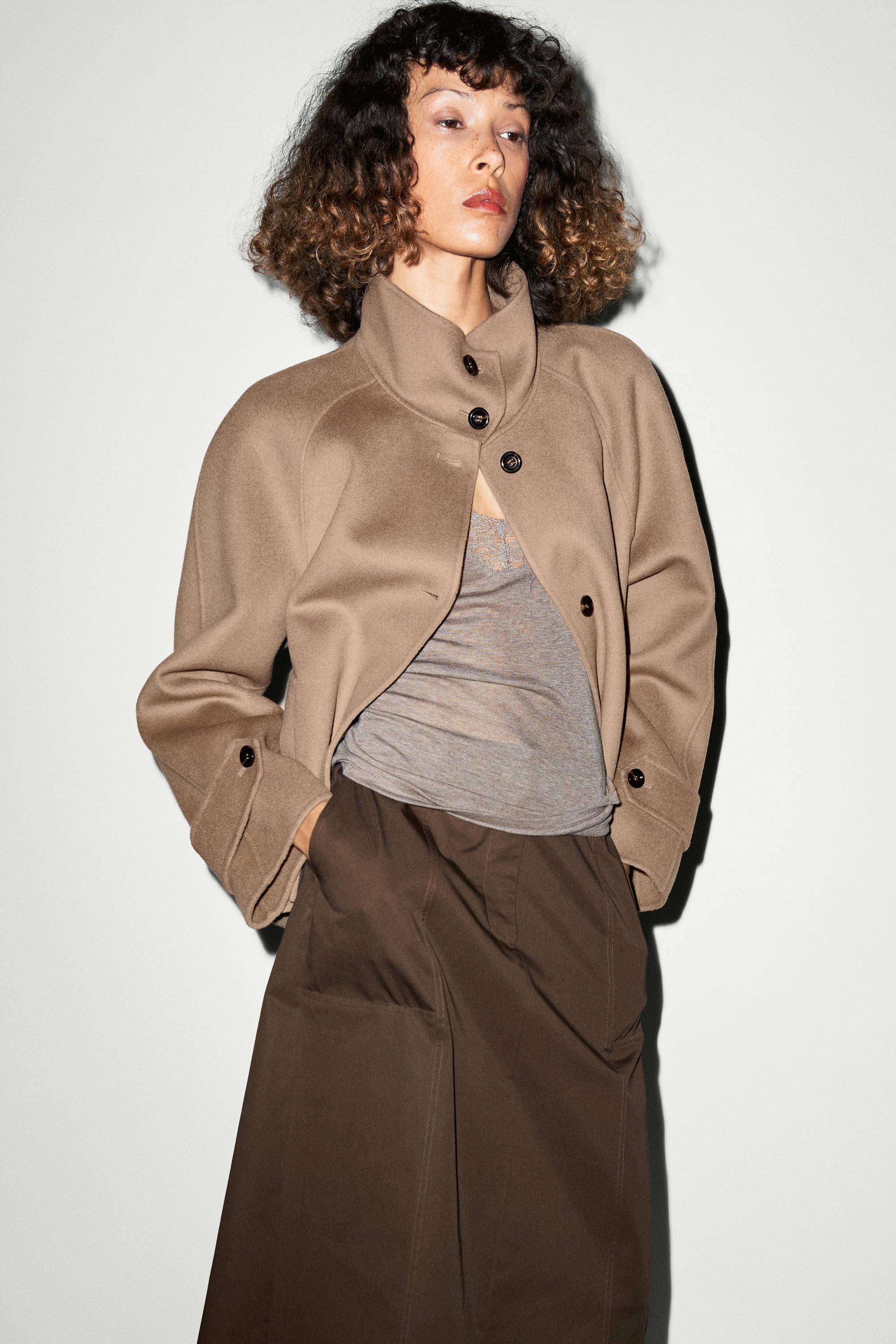 Short stand-up collar wool blend coat