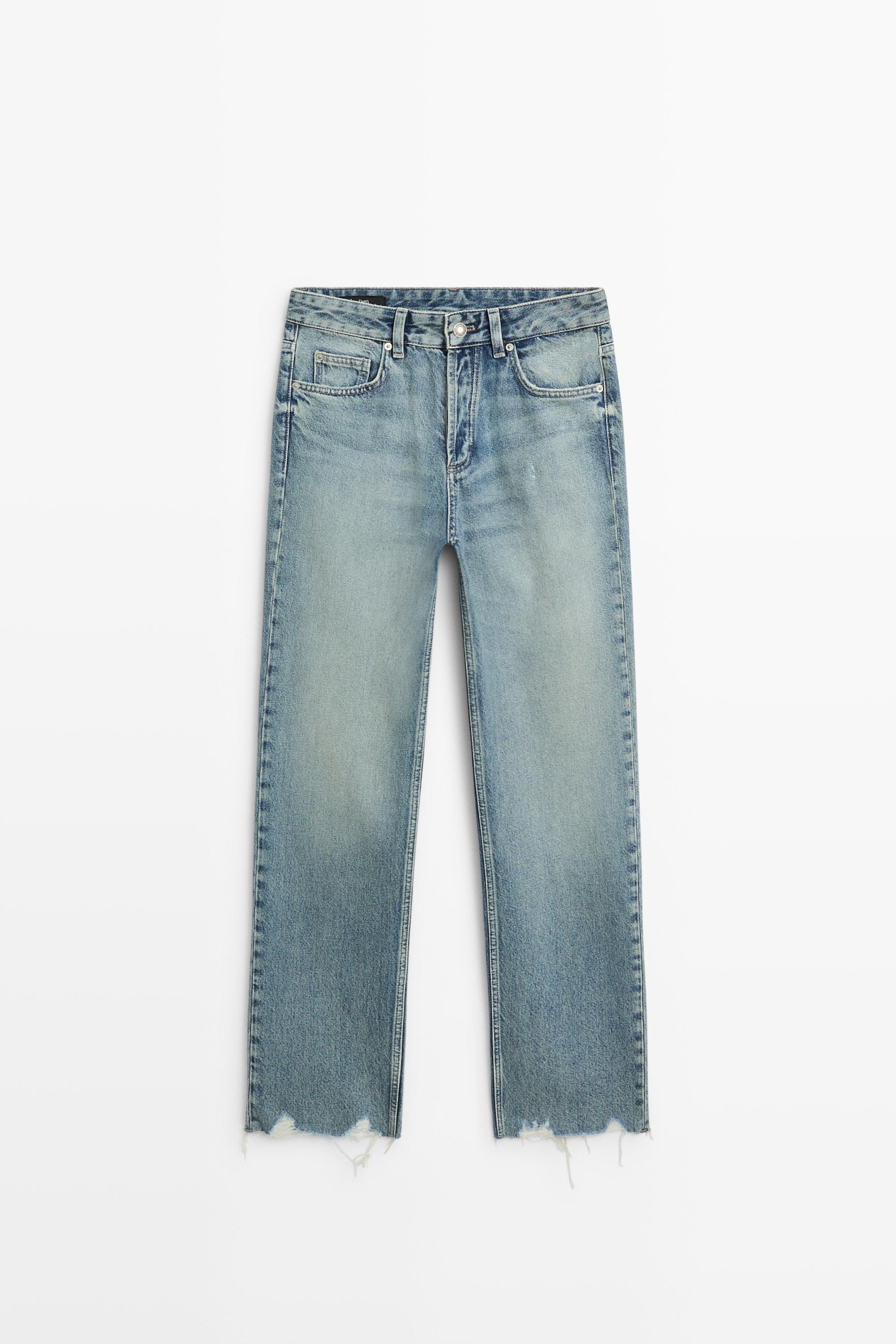 Mid-waist stovepipe jeans with frayed hems
