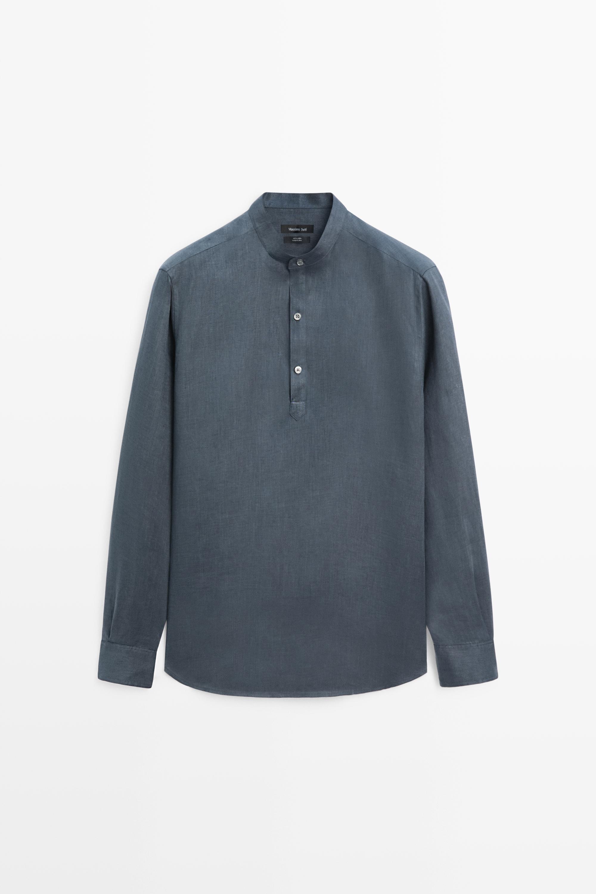 Regular fit stand collar 100% linen shirt