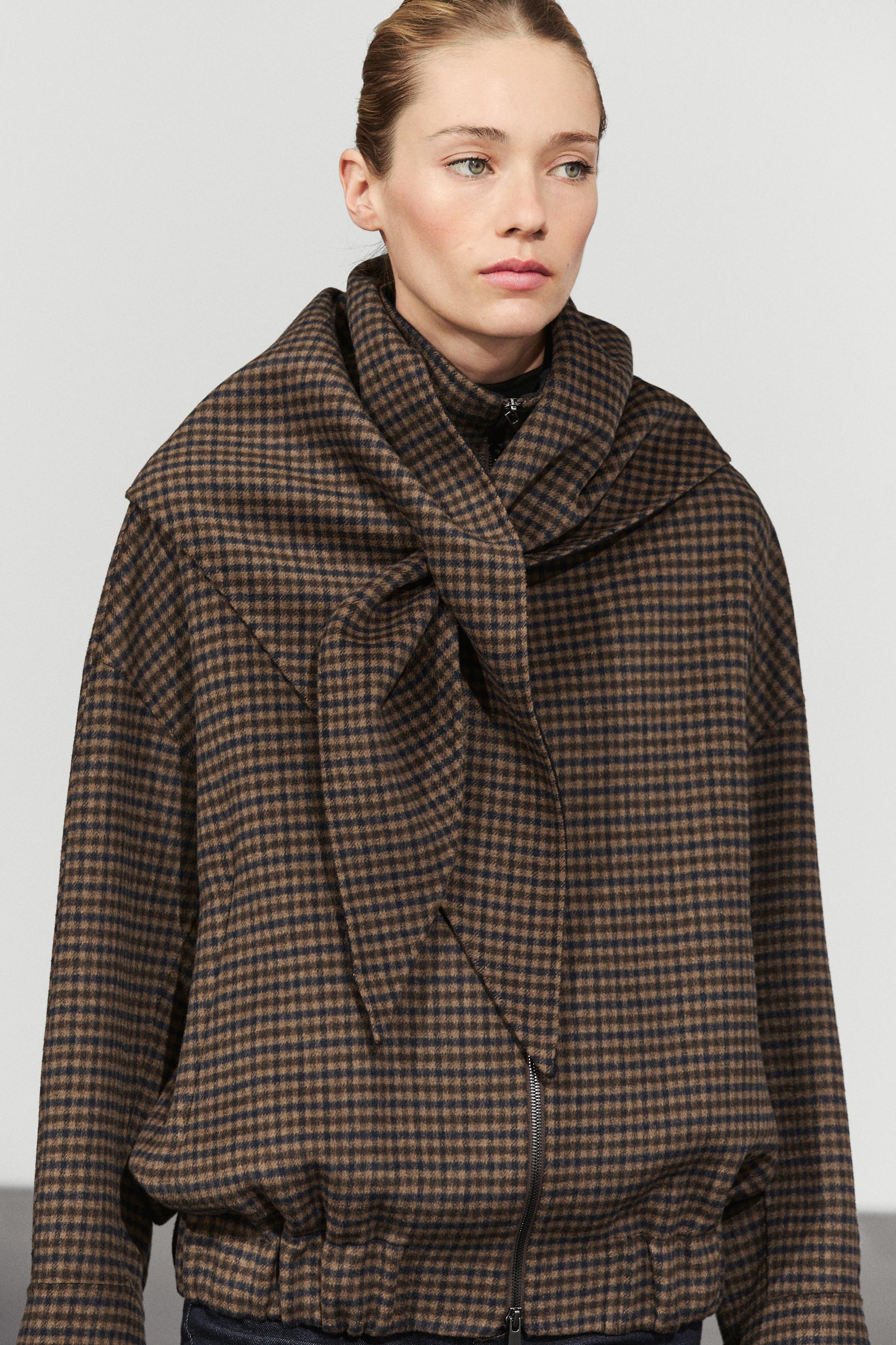 GINGHAM 格纹可拆卸围巾飞行员夹克