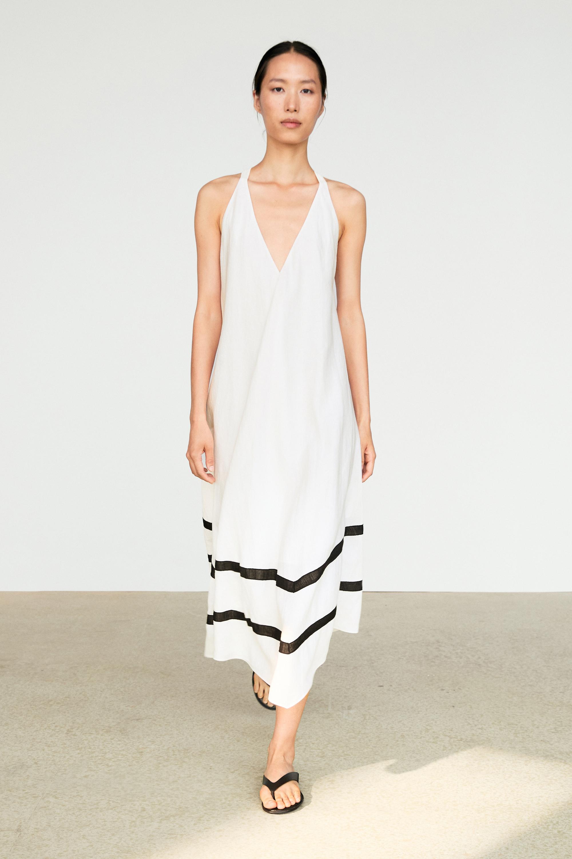 Linen blend midi dress with contrast stripe detail