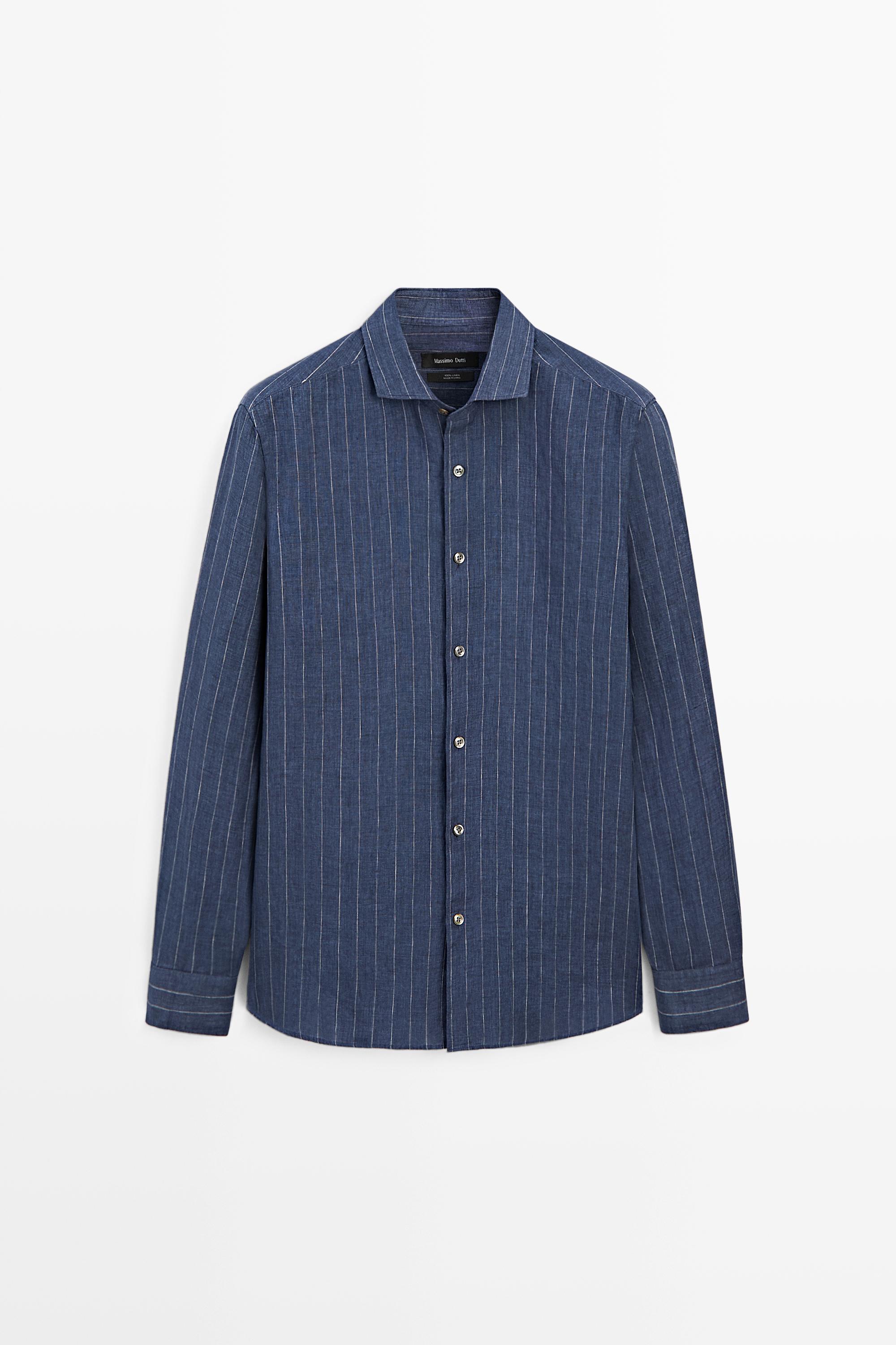 Regular fit striped delave 100% linen shirt
