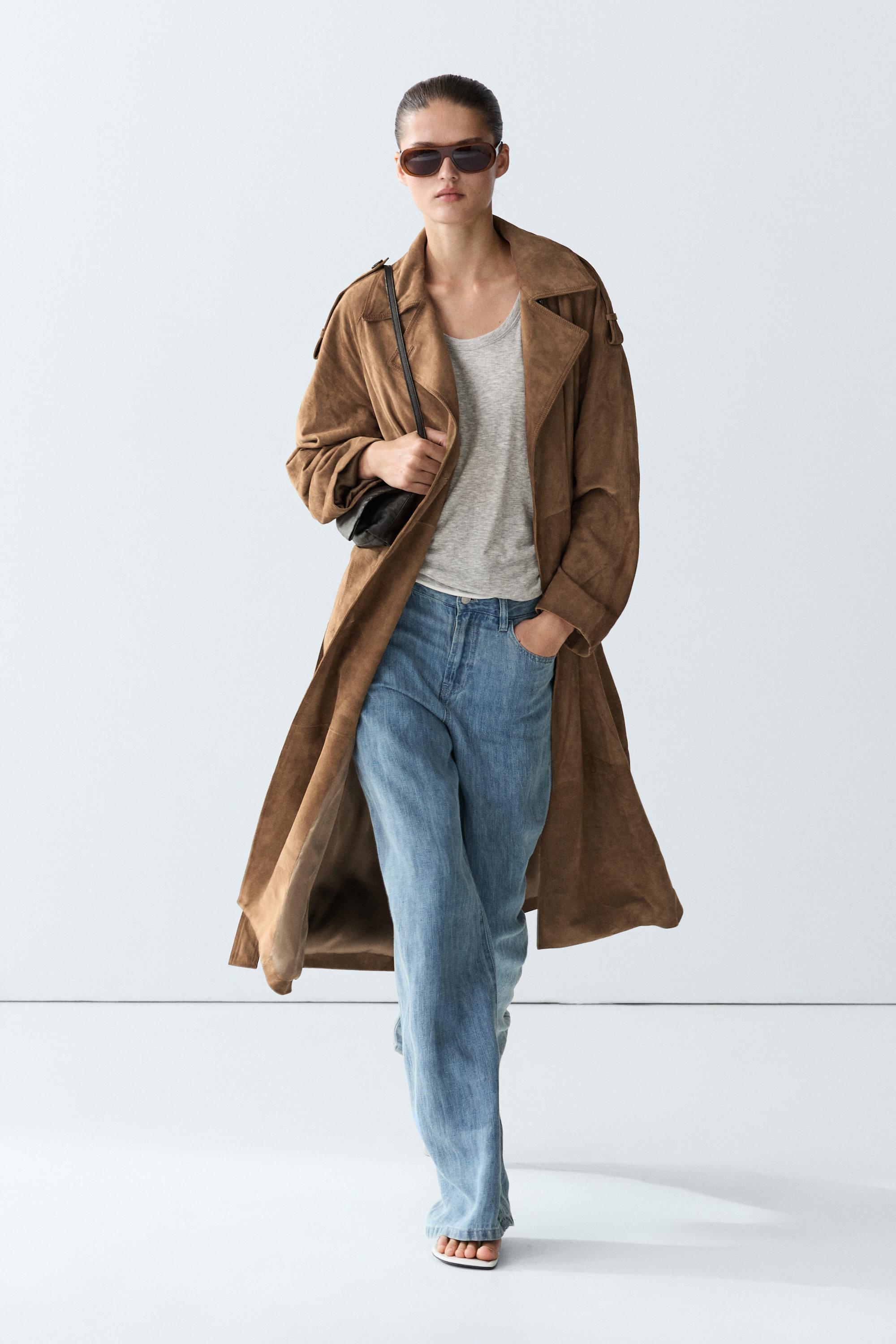 Long suede leather trench coat