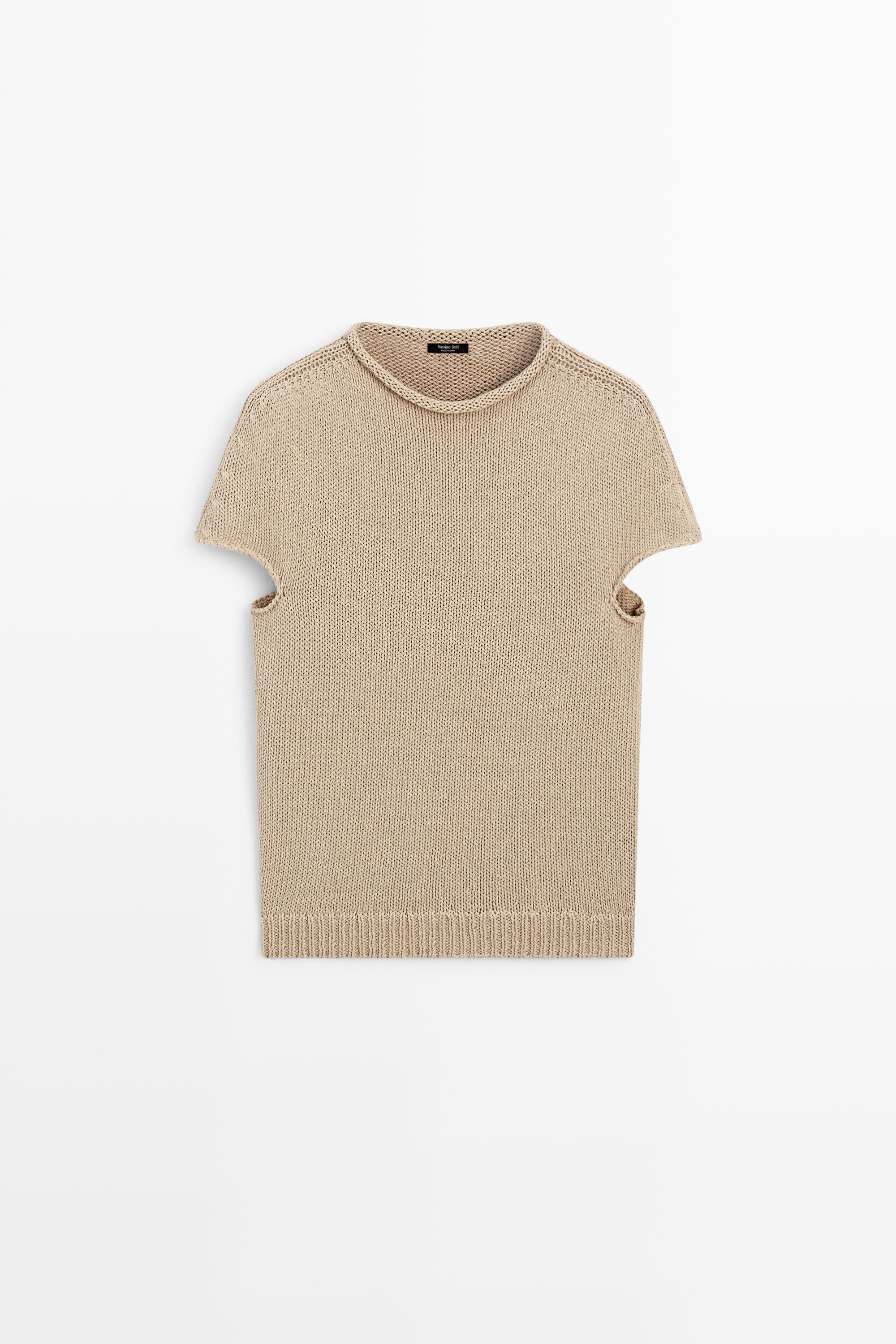 Cotton blend short sleeve rolled-neck sweater