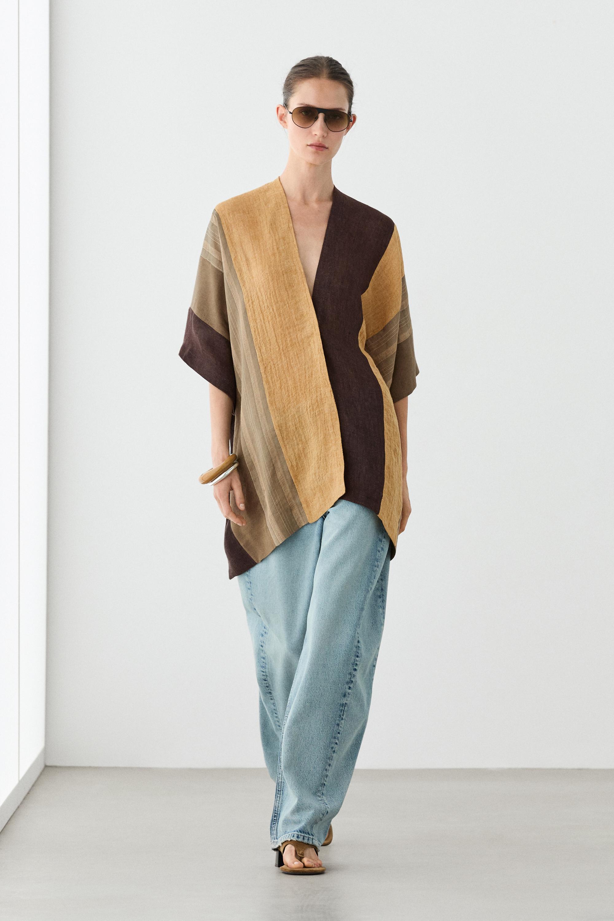 Flowing striped linen blend cape