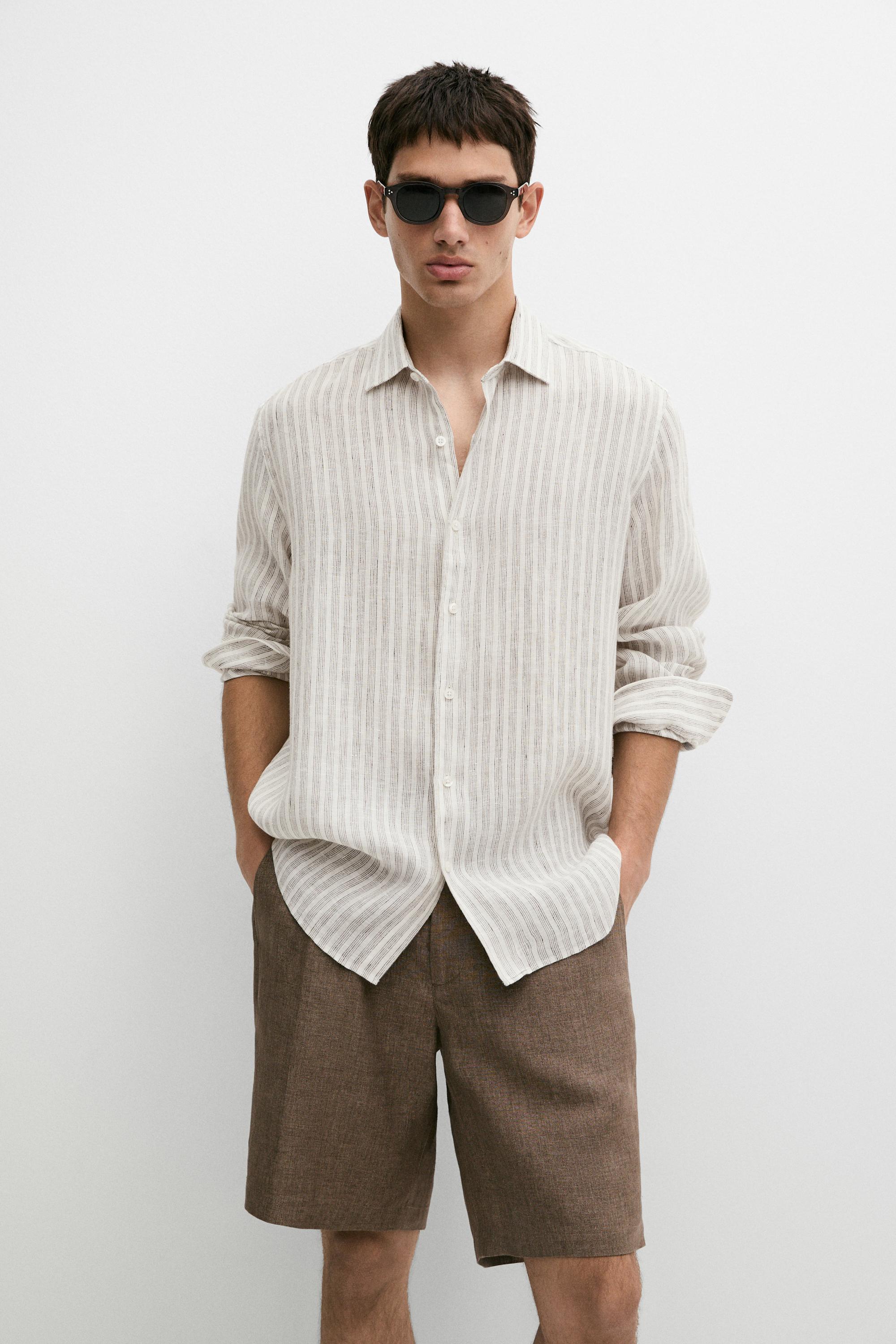 100% linen regular fit striped shirt