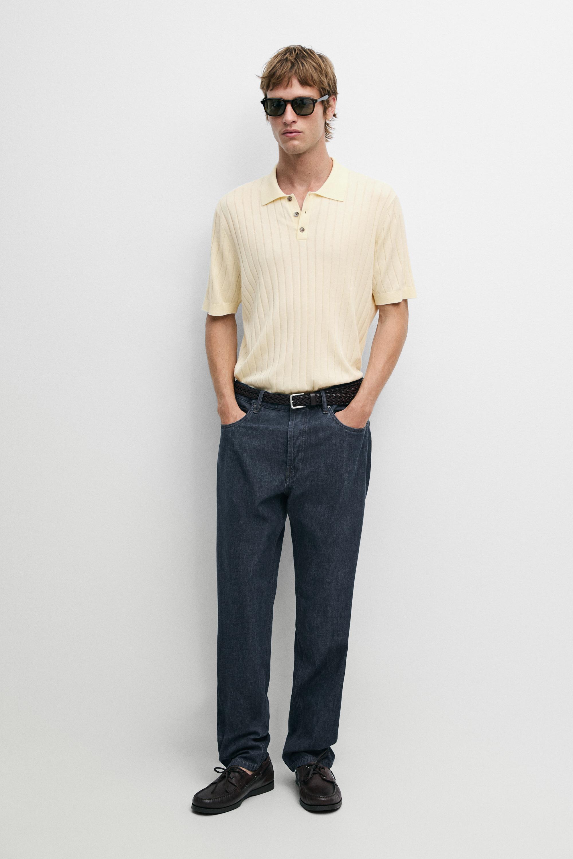 Ribbed knit cotton blend polo shirt