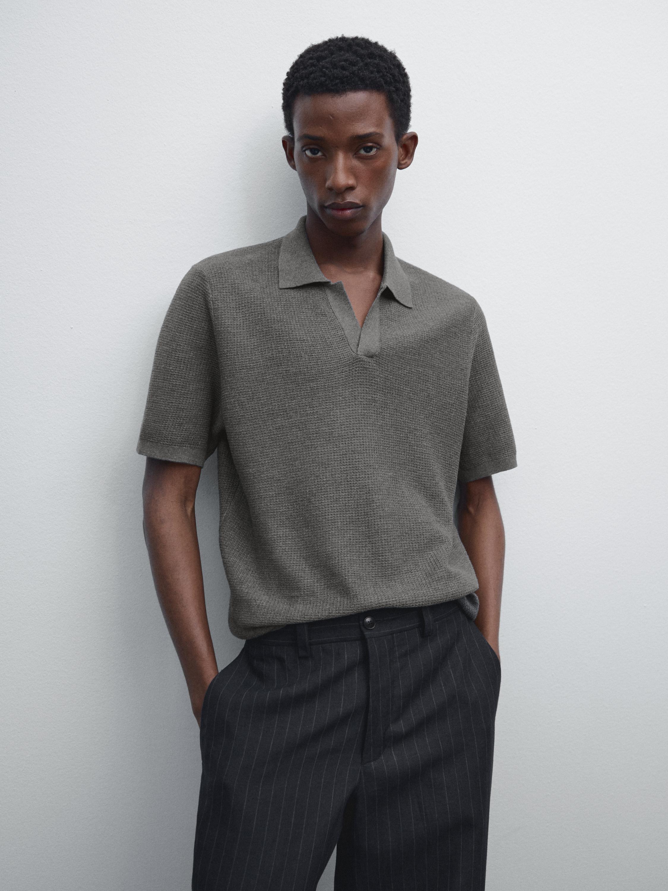 Linen blend textured knit polo shirt