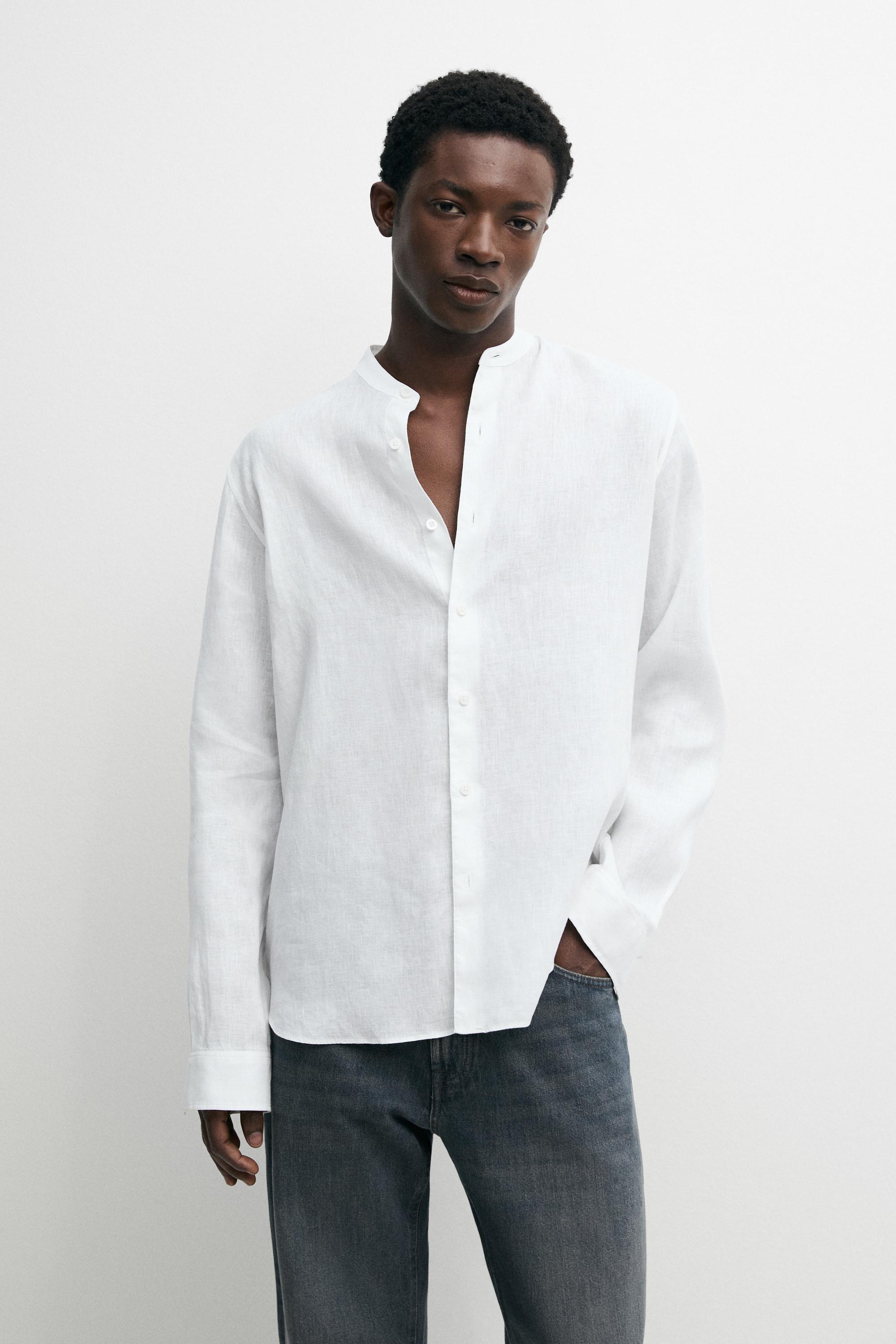 100% linen regular fit stand collar shirt
