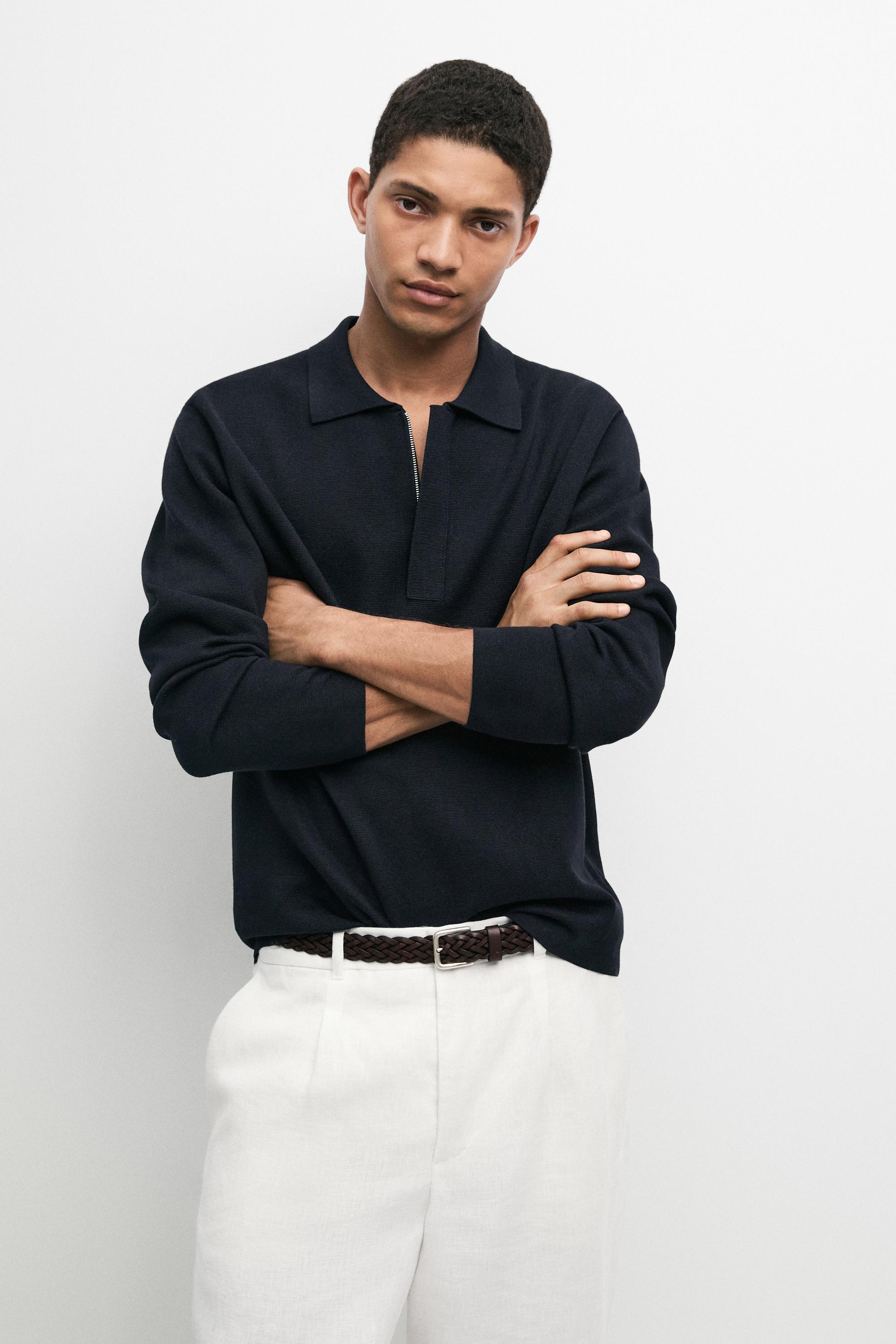 Cotton blend zip-up knit polo sweater