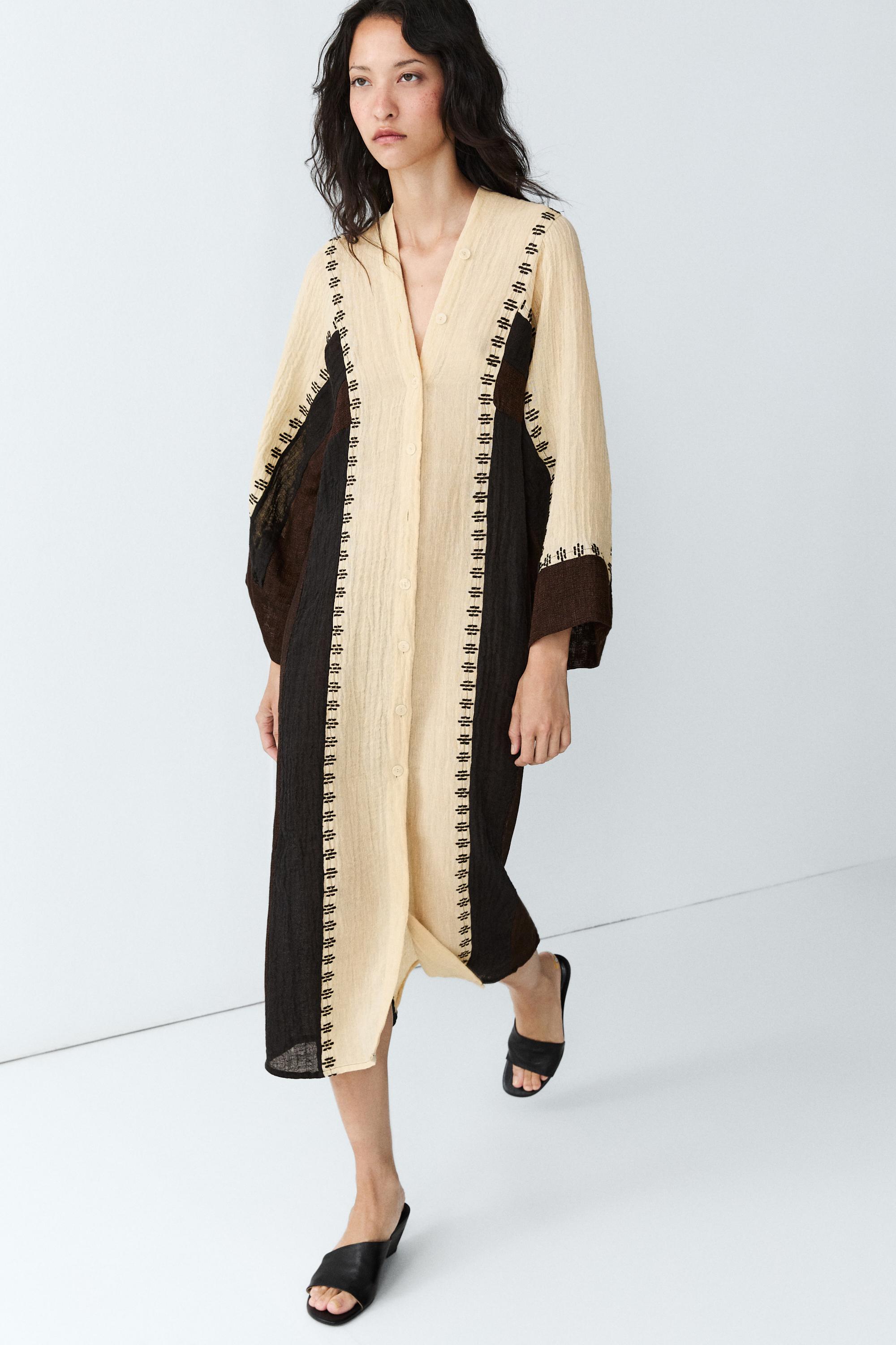 Linen blend embroidered kaftan dress
