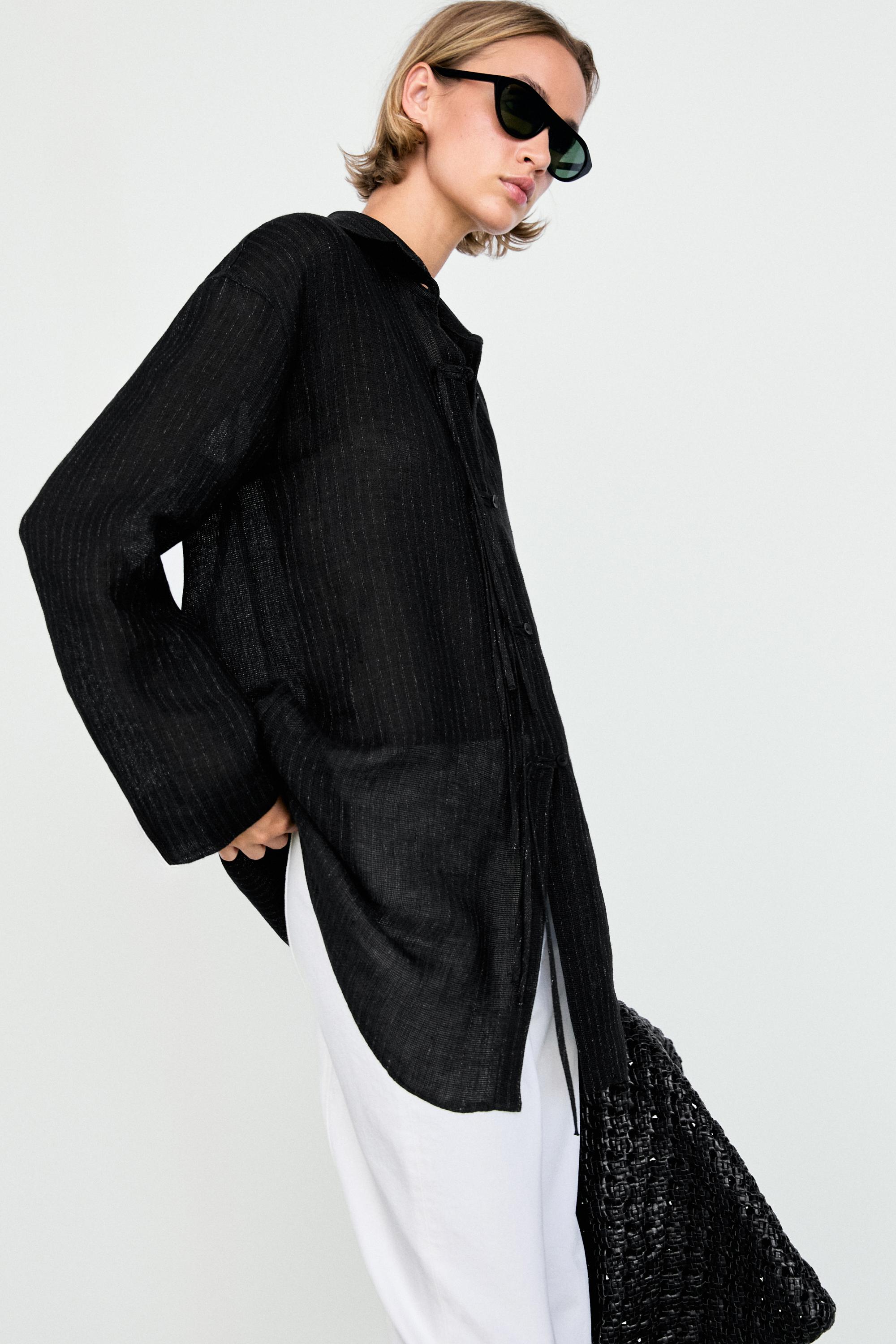 Striped linen blend oversize blouse with button detail
