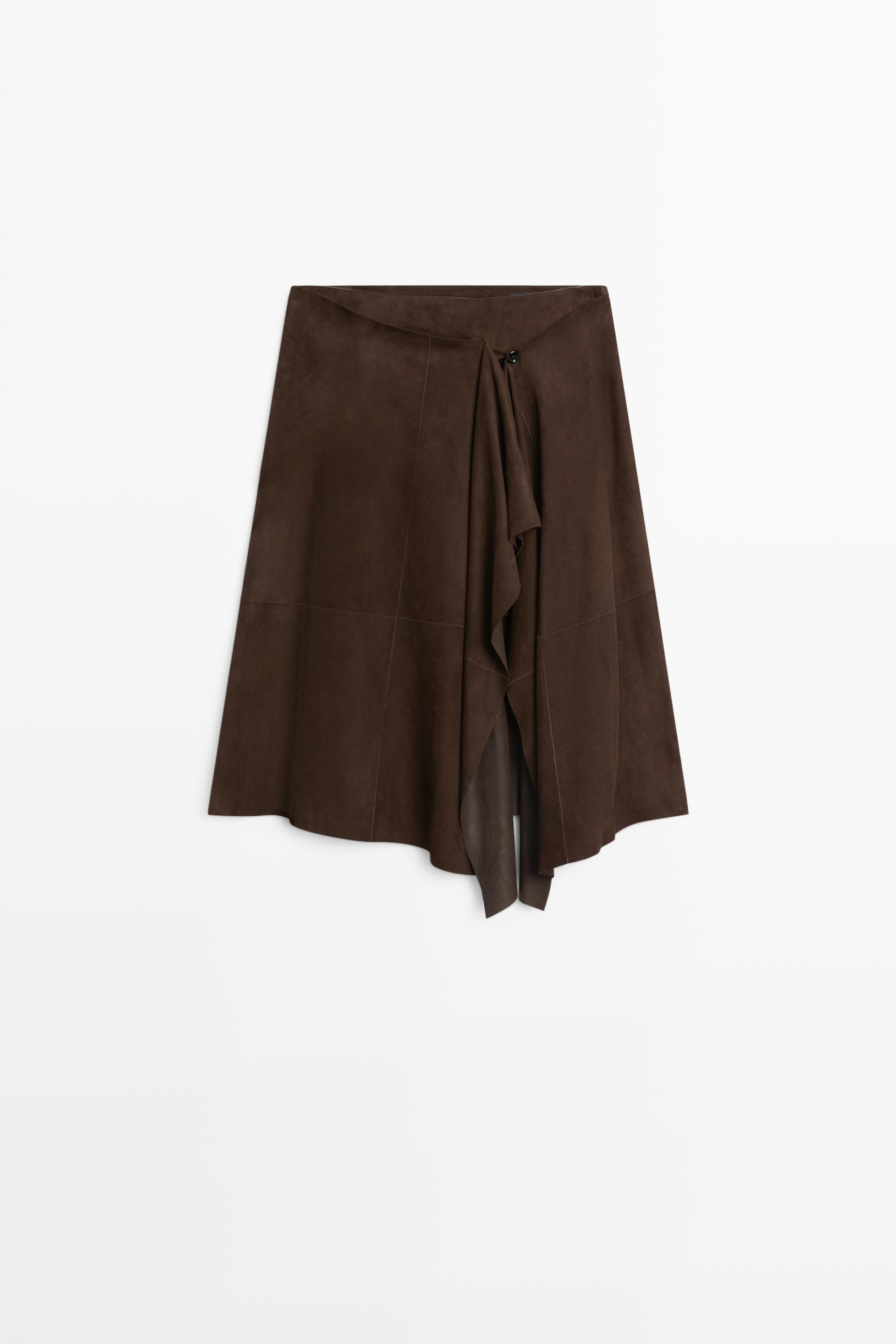 Suede leather midi skirt with ruffle detail