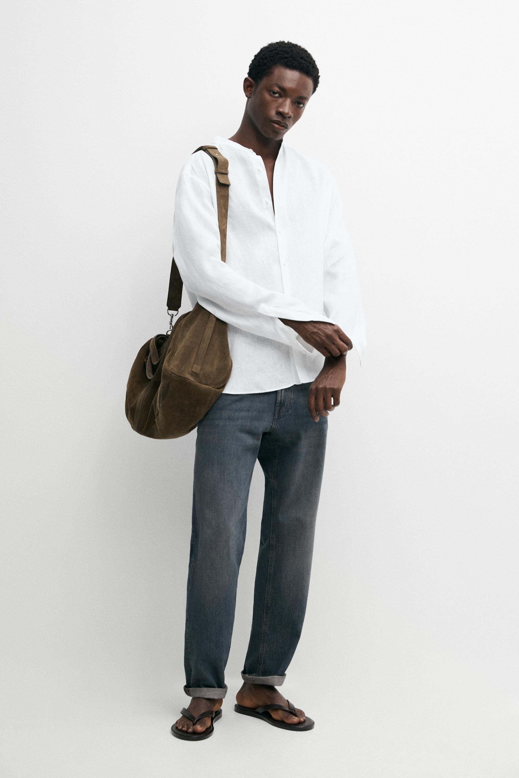 100% linen regular fit stand collar shirt