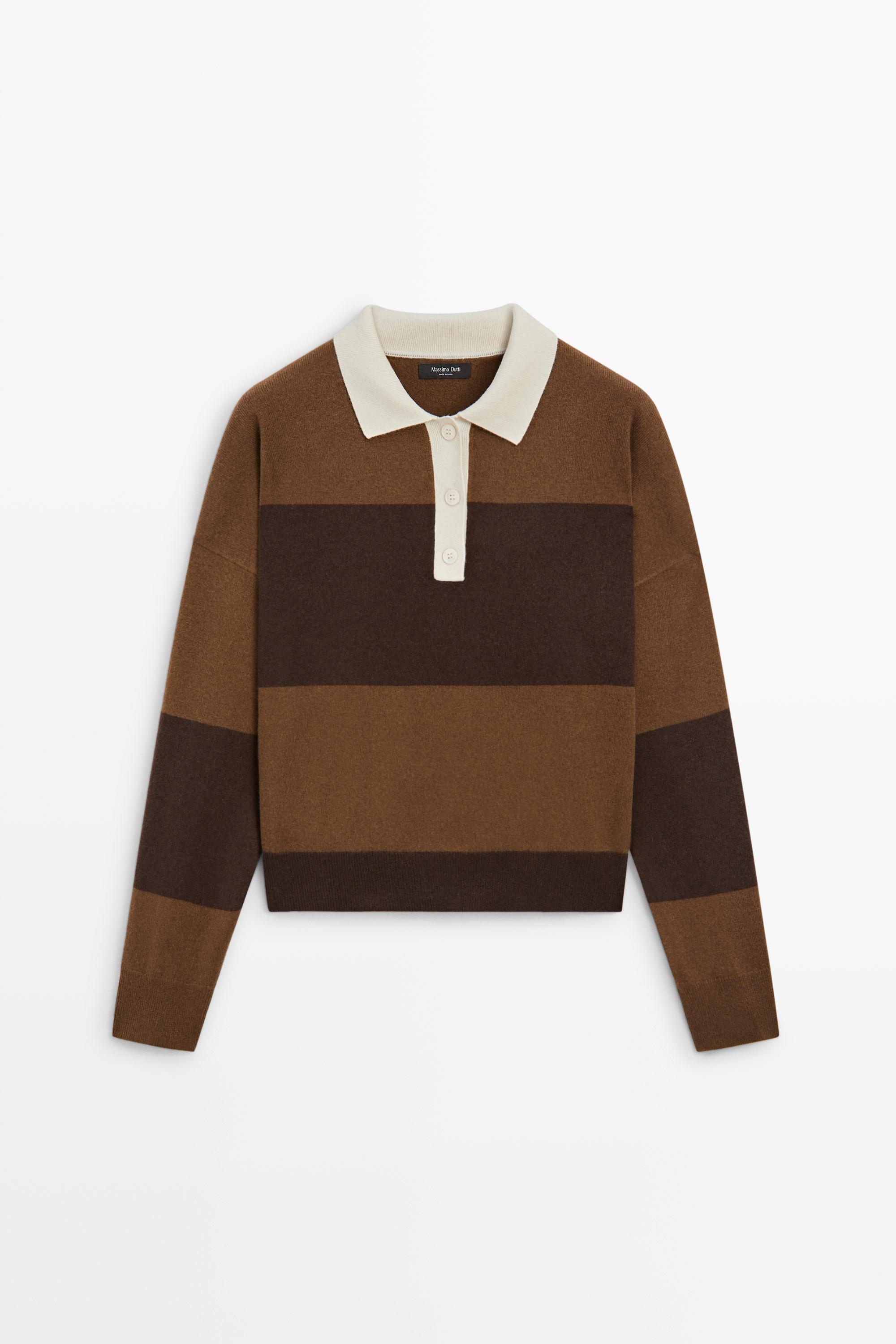 Striped knit sweater with polo collar