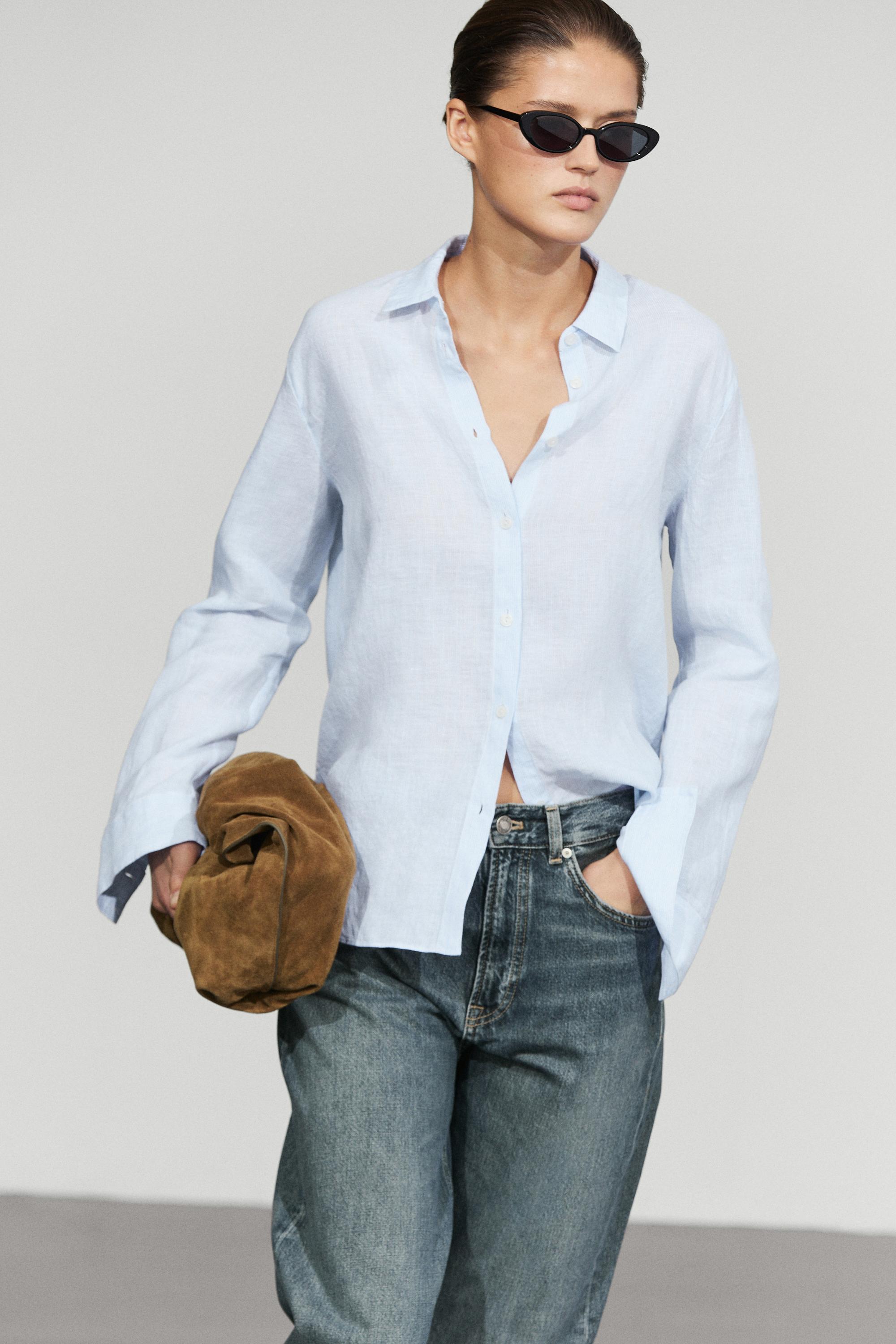 Regular fit 100% linen pinstriped shirt