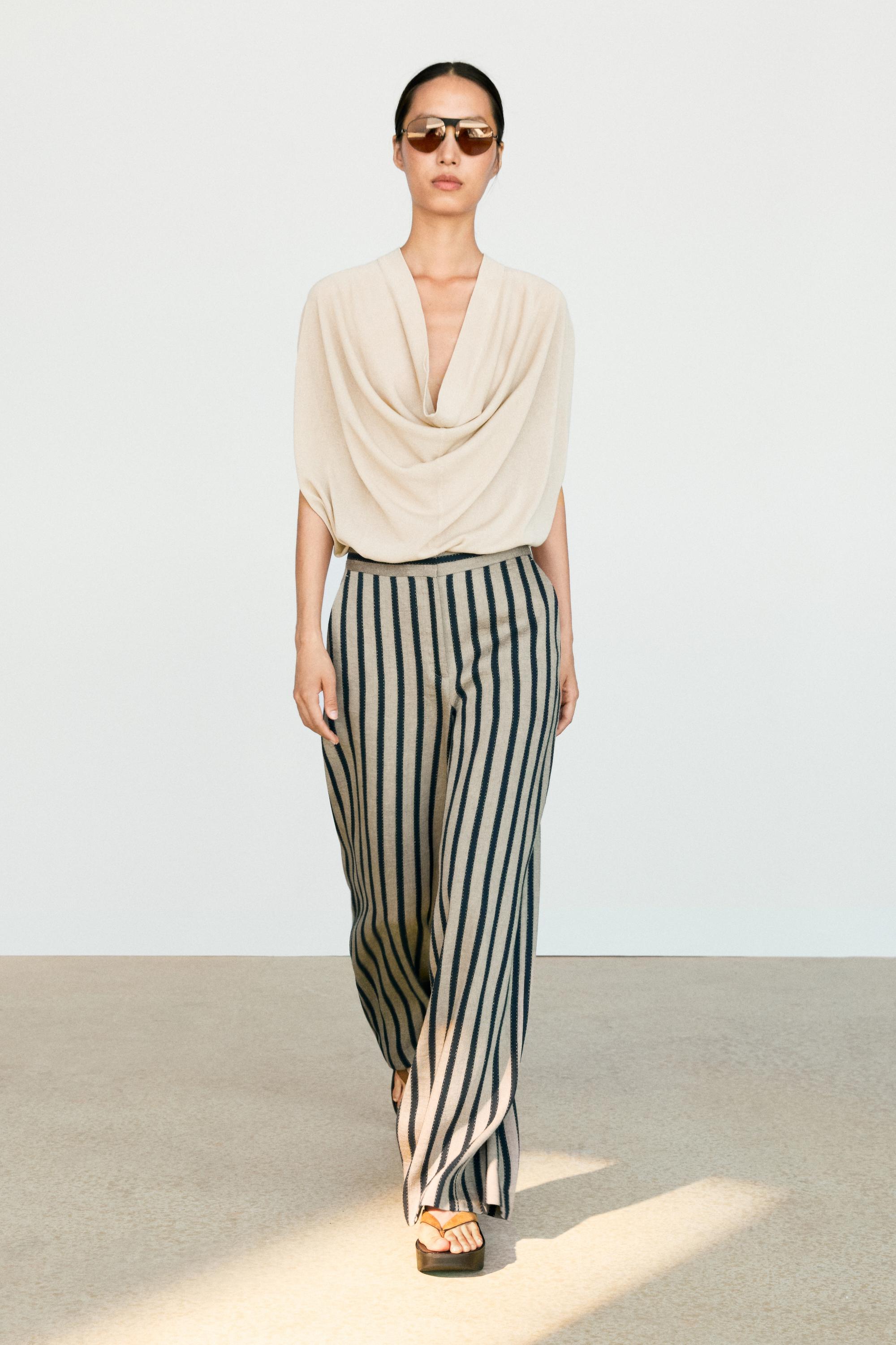 Striped wide-leg linen blend pants