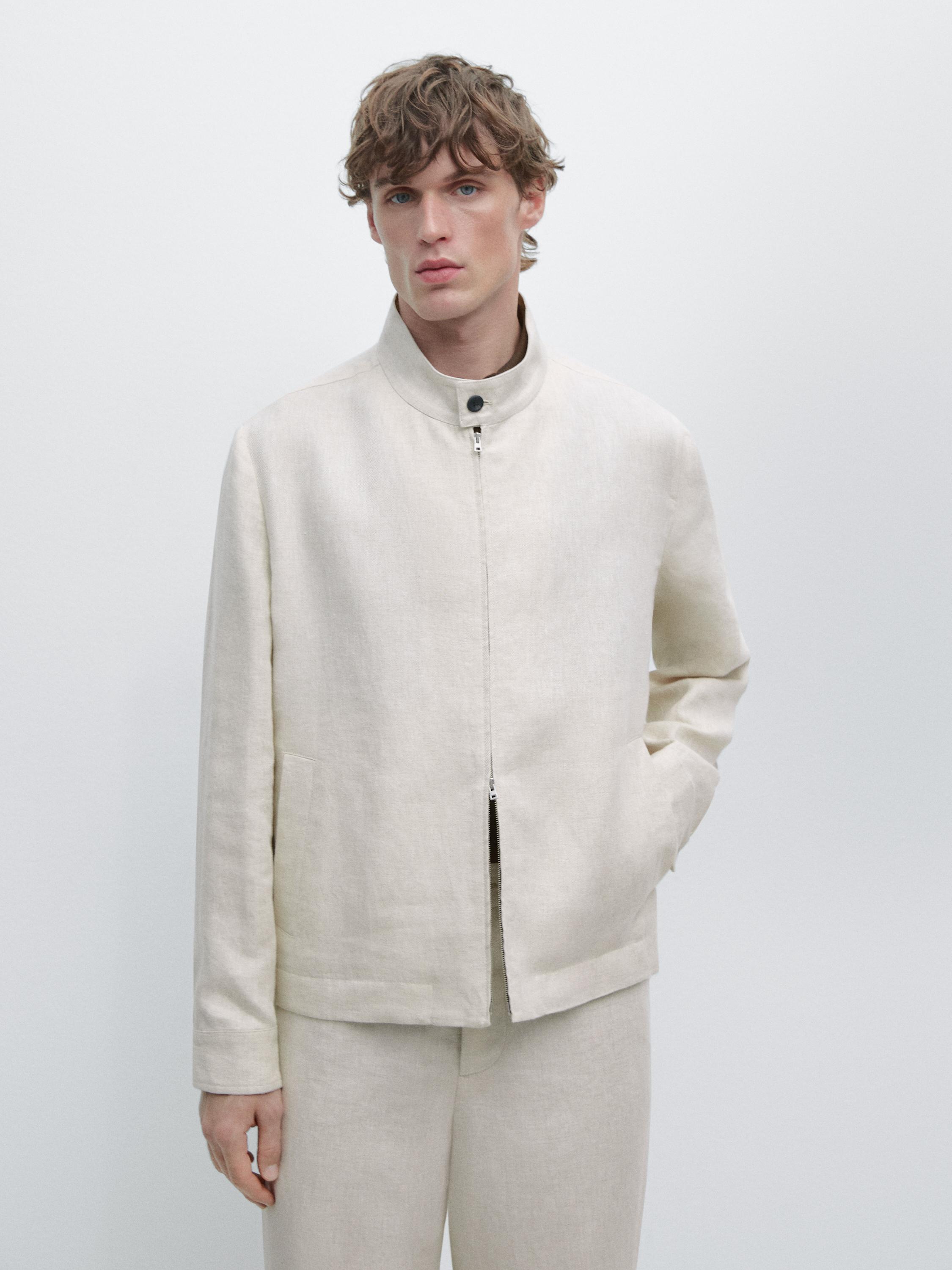 Short linen jacket with herringbone detail