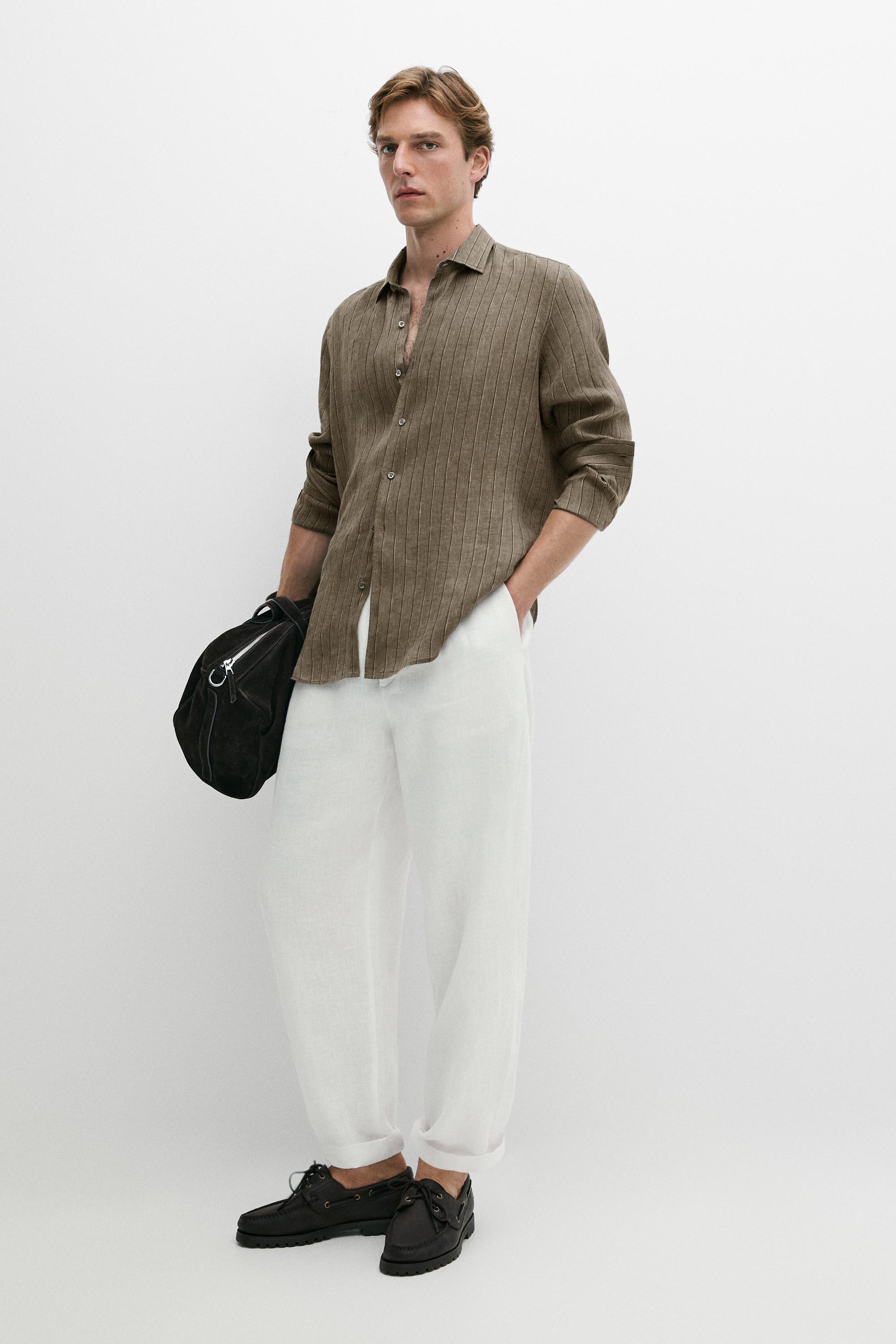 100% linen regular fit striped shirt