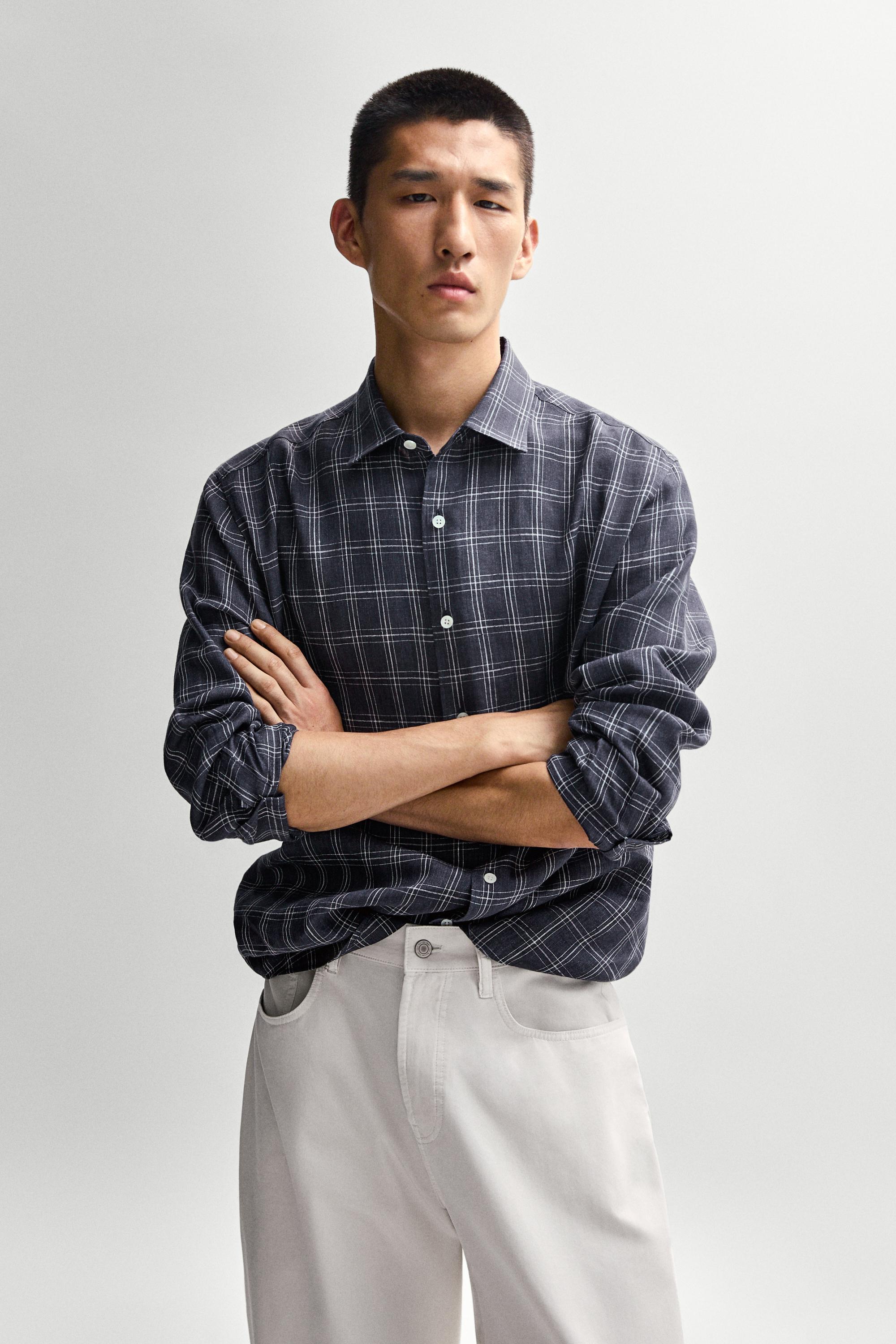 100% linen regular fit check shirt