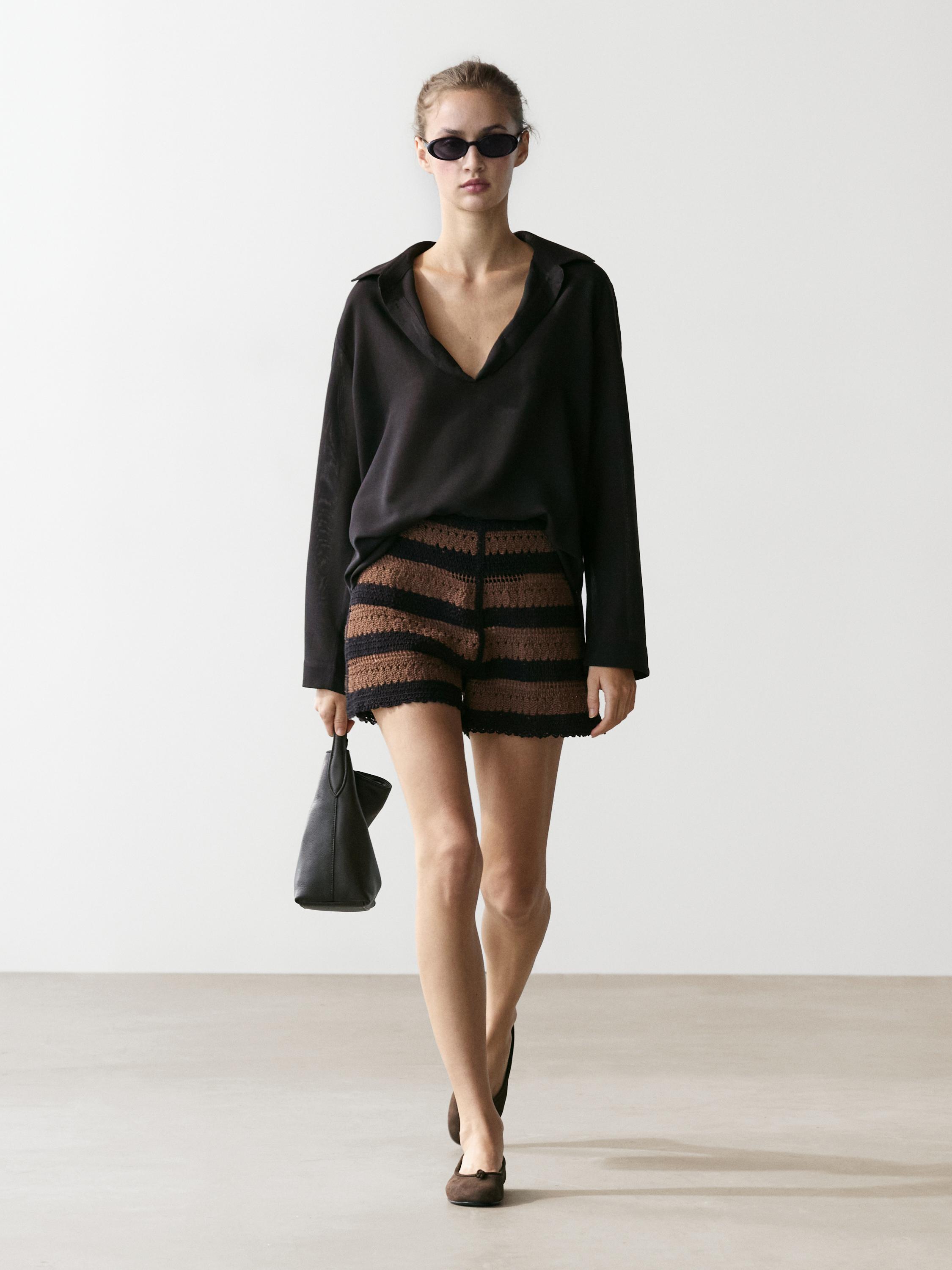 Striped cotton crochet shorts